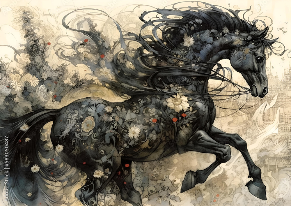 Fantasy black horse , generative ai