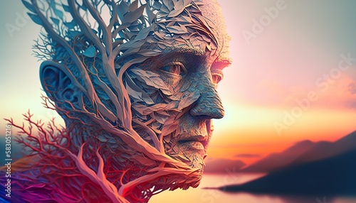 Man in perfect symbiosis with nature. Abstract illustration . Creative illustration. (Ai Generate) photo