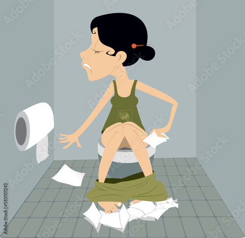 Woman in toilet.
Using toilet. A young woman uses a toilet with a roll of toilet paper in his hand.
