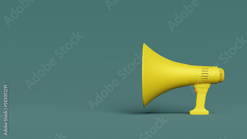 Yellow moutpiece megaphone in green background, 3d rendering. Public protest, free speech, announcement or advertising concept