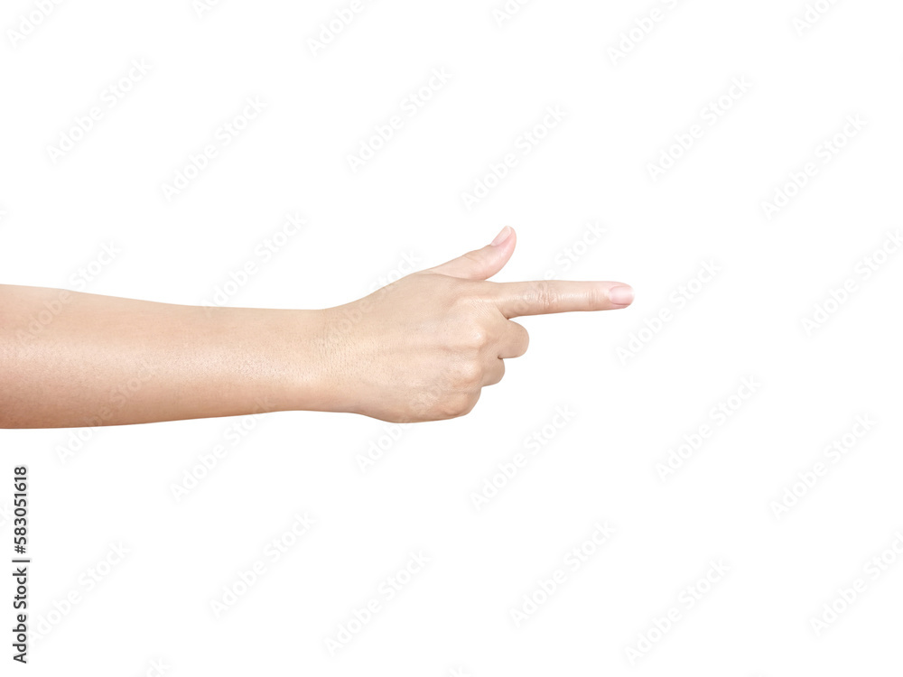 female hand pointing forward isolated on white background
