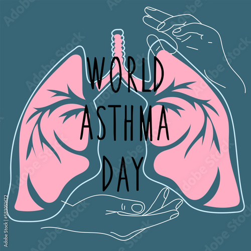 World Asthma Day. Retro style paper cut pattern light and linear hands. The concept of the holiday. Template for background, banner, postcard, poster with text inscription. Vector illustration