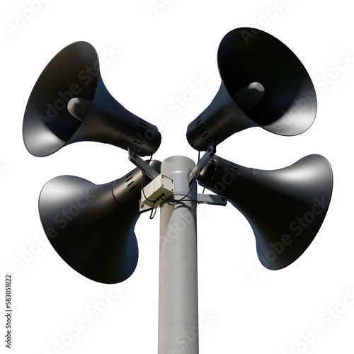 Black public address notification megaphones on a post, 3d rendering. Outdoor notification loudspeakers for announcement or air raid alert, isolated photo