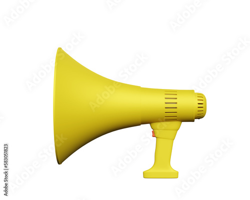 Yellow moutpiece megaphone in isolated background, 3d rendering. Public protest, free speech, announcement or advertising concept