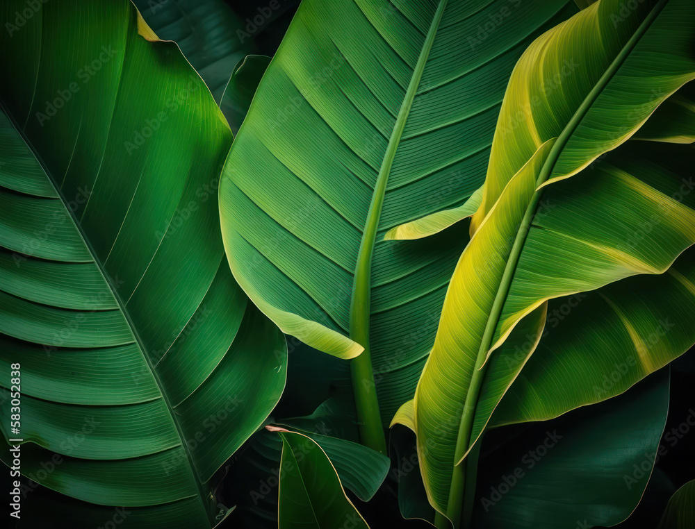Abstract green Tropical Banana and Monstera Leaves background created with Generative AI technology Abstract green Tropical Banana and Monstera Leaves background created with Generative AI technology