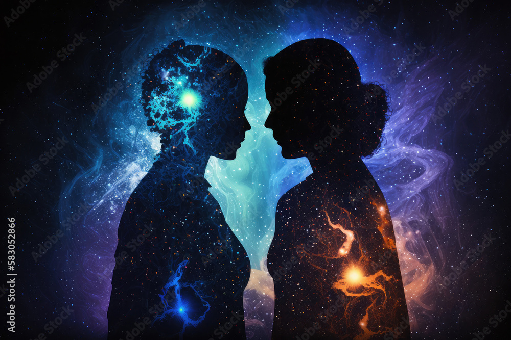 Astral body man and woman silhouettes face to face neural network AI generated art Astral body man and woman silhouettes face to face neural network AI generated art
