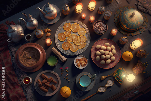 Close up variety of table with arabic food during iftar meal on ramadan AI generated © Oleksandr