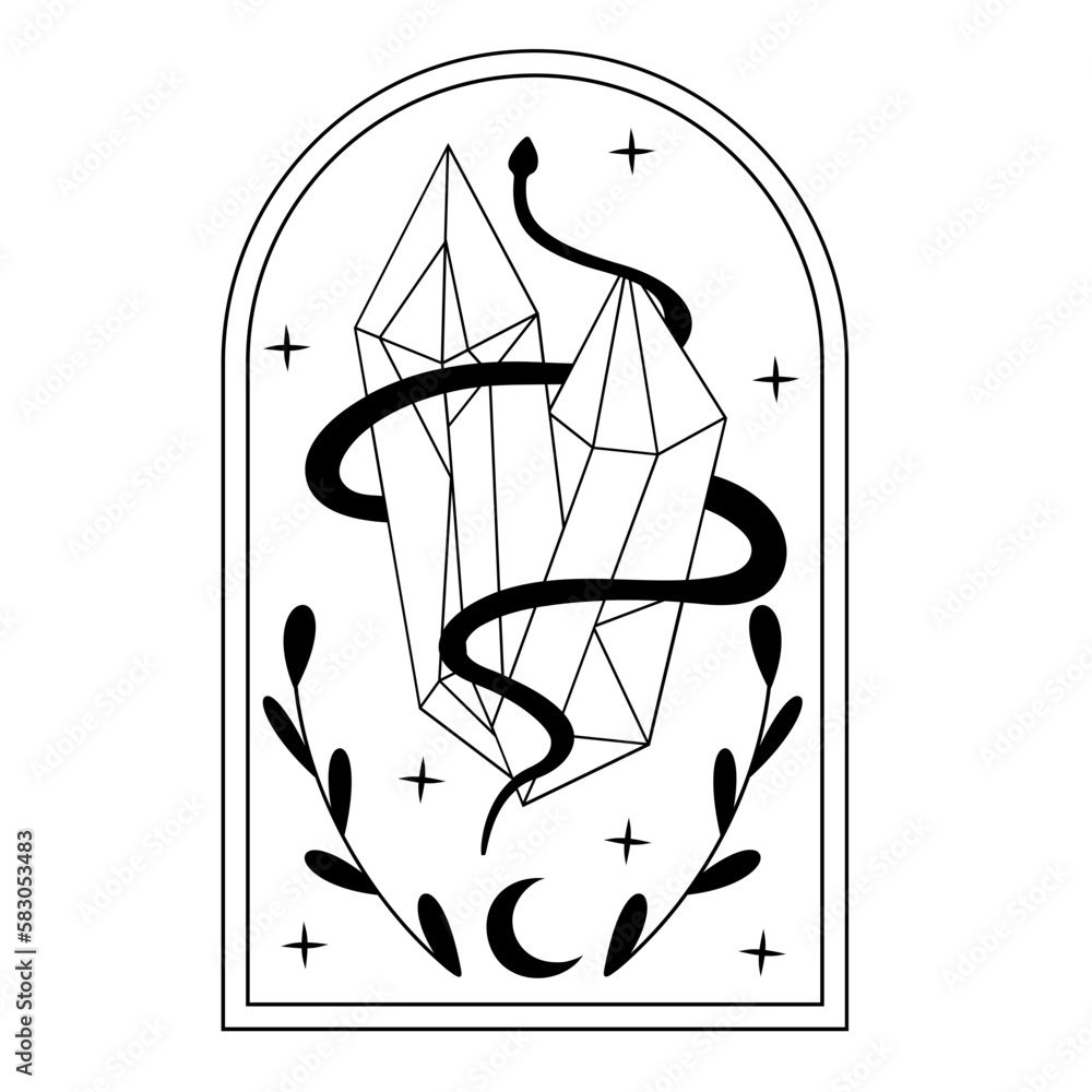 Mystical design with crystal and snake svg, Line art illustration Stock ...