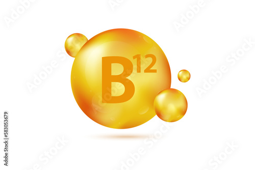 Vitamin B12 gold capsule. Pill capcule vector illustration isolated on white background. Nutrition skin care. Beauty and health vector concept. Cobalamin vitamin drop pill capsule photo