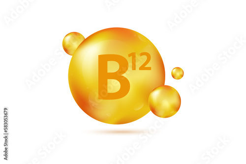 Vitamin B12 gold capsule. Pill capcule vector illustration isolated on white background. Nutrition skin care. Beauty and health vector concept. Cobalamin vitamin drop pill capsule