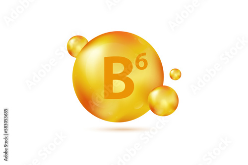 Vitamin B6 gold capsule. Pill capcule vector illustration isolated on white background. Nutrition skin care. Beauty and health vector concept. Pyridoxine vitamin drop pill capsule