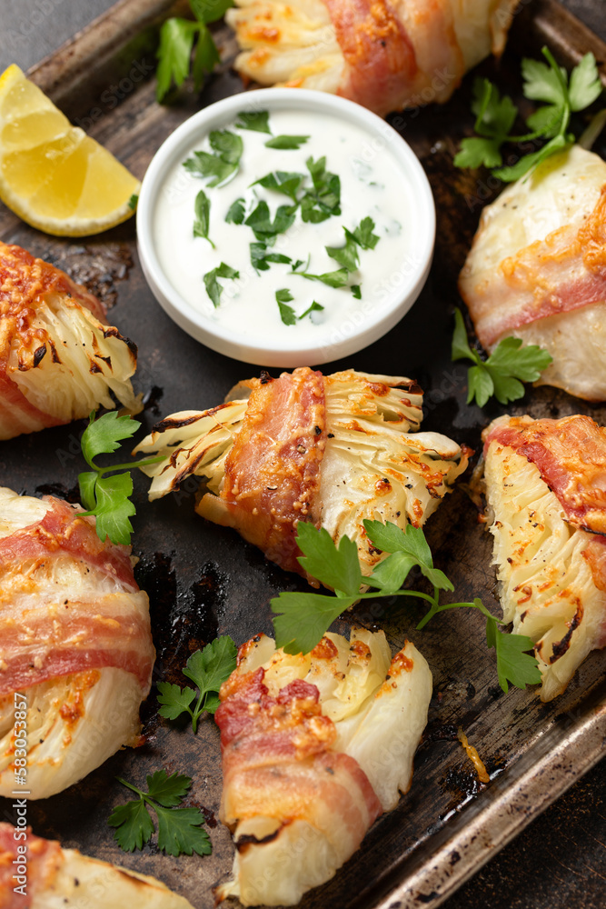 Bacon Wrapped Cabbage with dipping sauce. healthy food