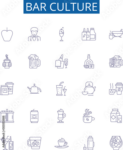 Bar culture line icons signs set. Design collection of Bar, Culture, Alcohol, Drinks, Music, Friends, Pub, Beer outline concept vector illustrations