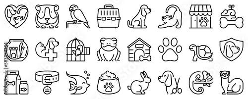 Line icons about pets and vet on transparent background with editable stroke.