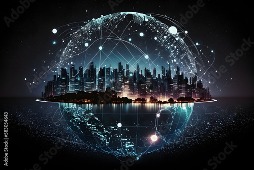 smart digital technology global network connection  buisiness globus  spherical modern data network internet information with city skyline in background