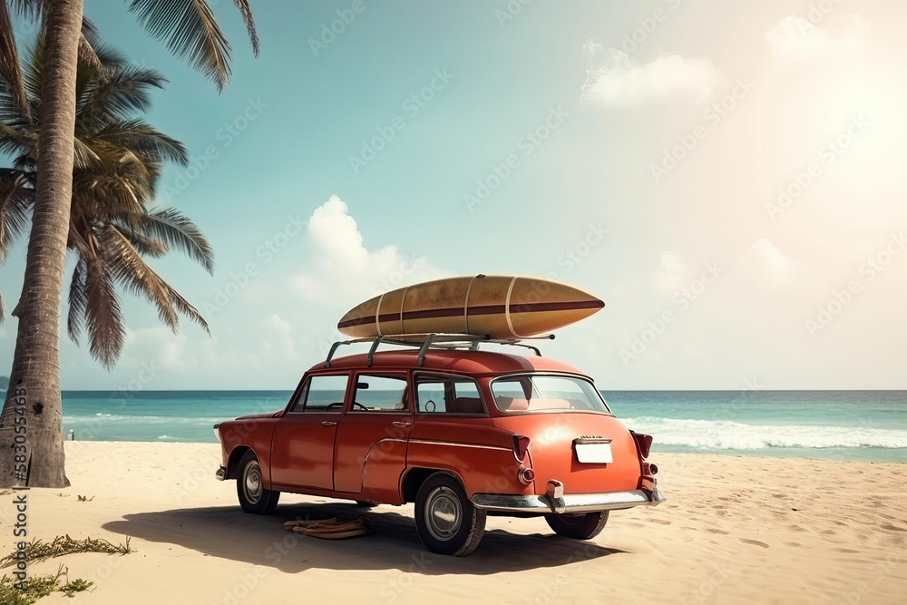 Old vintage car loaded with luggage on the roof arriving on beach with ...