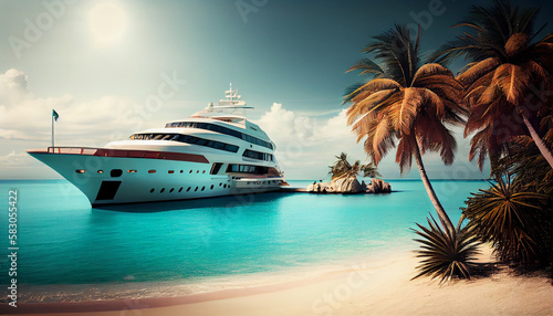 Luxury yacht docking on a paradise beach with turquoise waters and palm trees . Generate Ai © AI_images