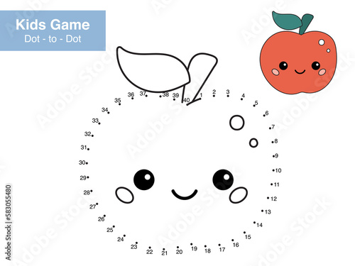 Number game. Dot to dot. Cute kawaii apple. Healthy food. Cartoon fruit. Educational puzzle. Printable activity page for children. Connect the dots and color. Vector illustration.