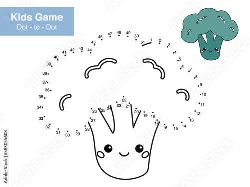 Number game. Dot to dot. Cute kawaii broccoli. Healthy food. Cartoon vegetable. Educational puzzle. Printable activity page for kids. Connect the dots and color. Vector illustration.