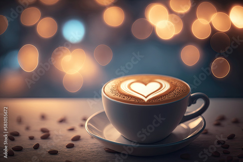 AI generated of hot art latte coffee in cup on wooden table and coffeeshop blur background