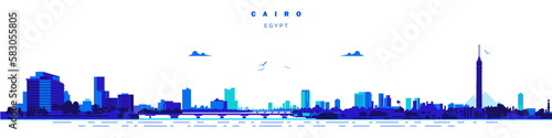 Landscape skyline of egyptian capital cairo  nile river and symbol buildings vector illustration.