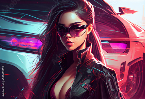 Fashion cyberpunk girl drive a supercar asian woman with future digital glasses, realistic. Generate Ai