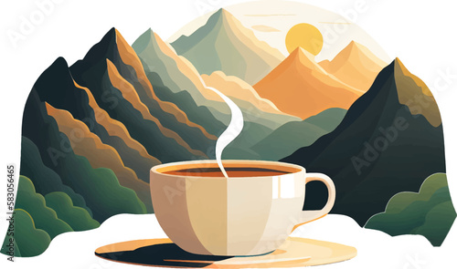 A cup of coffee against the backdrop of mountains