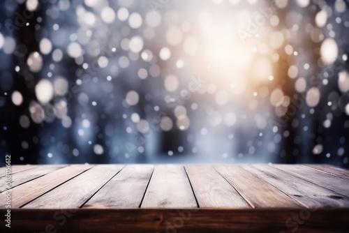 Winter on a Wooden Table. Blurred Background with Snow and White Decor for christmas or xmas product