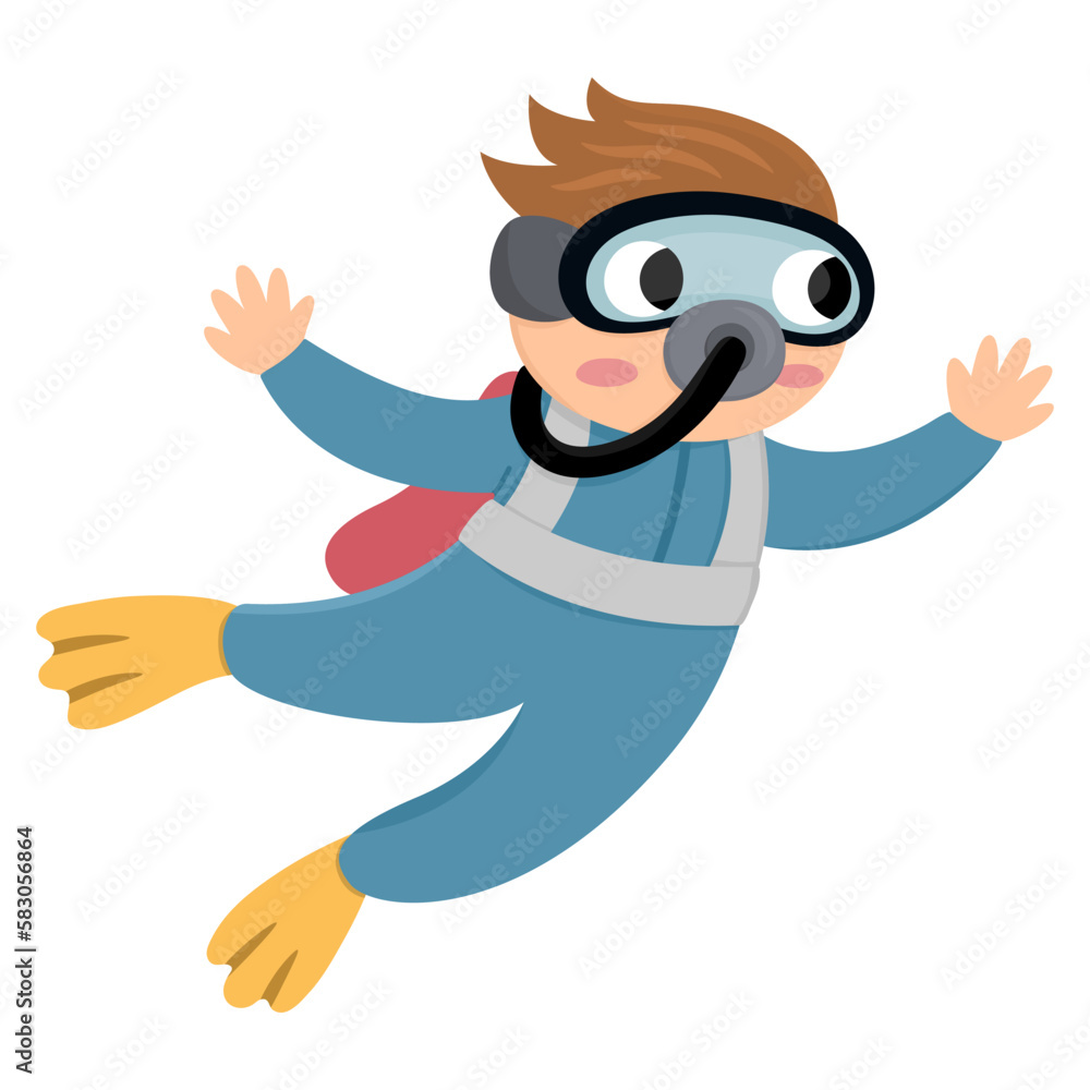 Vector diver icon. Under the sea illustration with cute funny frogman.  Ocean boy clipart with swimming kid. Cartoon underwater or marine clip art  for children isolated on white background. Stock Vector