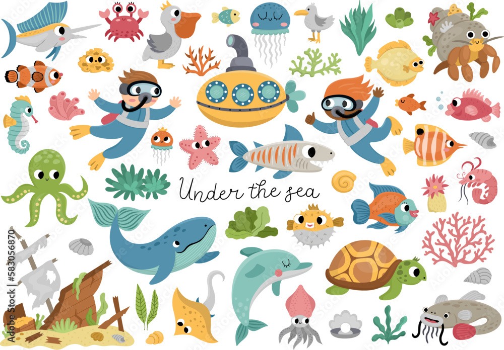 Vector under the sea set. Ocean collection with seaweeds, fish, divers, submarine. Cartoon water animals and weeds for kids. Clipart with wreaked ship, dolphin, whale, tortoise, octopus.