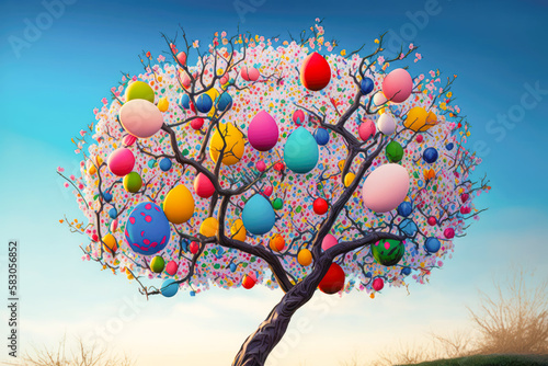 A blooming cherry blossom tree with colorful Easter eggs hanging on its branches - Generative AI