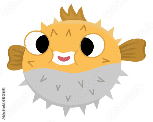 Vector blowfish icon. Under the sea illustration with cute funny spiky fish. Ocean animal clipart. Cartoon underwater or marine clip art for children isolated on white background.