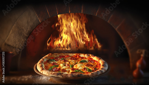 AI generated of italian traditional pizza cooked in old fashioned wood fired oven