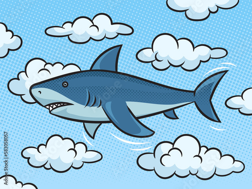 shark flies in the sky around the clouds pinup pop art retro raster illustration. Comic book style imitation.