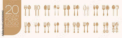 Spoon & Fork Restaurant Logos - icons Set. Vector illustration Collection. Flat Graphic Design for bussines card, menu, banners.