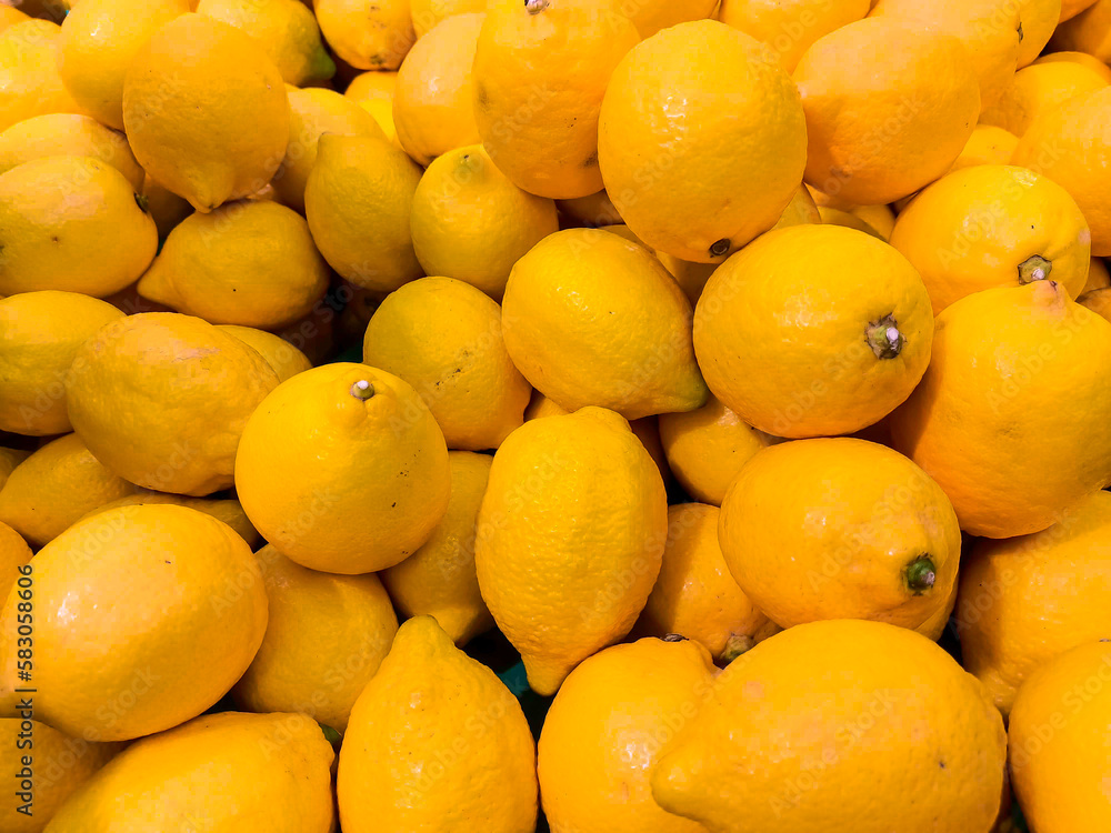 A lot of yellow lemons on a market as a texture or background. Lemon harvest. Healthy and vitamin food. Citrus fruits.