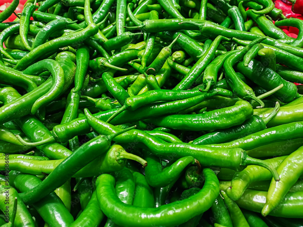 Fresh green pepper in wooden basket at traditional grocery counter, fresh and healthy food idea, organic vegetable, many green peppers, local greengrocer concept Fresh green pepper in wooden basket at traditional grocery counter, fresh and healthy food idea, organic vegetable, many green peppers, local greengrocer concept
