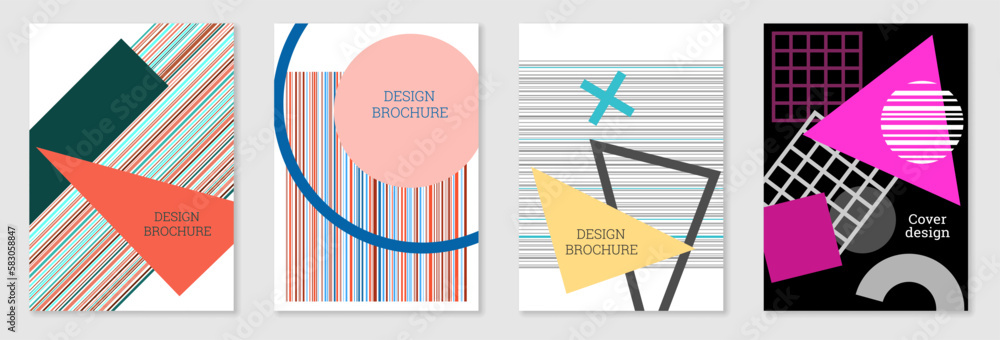 Set of cover design in Memphis style. Geometric design, abstract background. Fashionable bright cover, banner, poster, booklet. Creative colors. Set of cover design in Memphis style. Geometric design, abstract background. Fashionable bright cover, banner, poster, booklet. Creative colors.