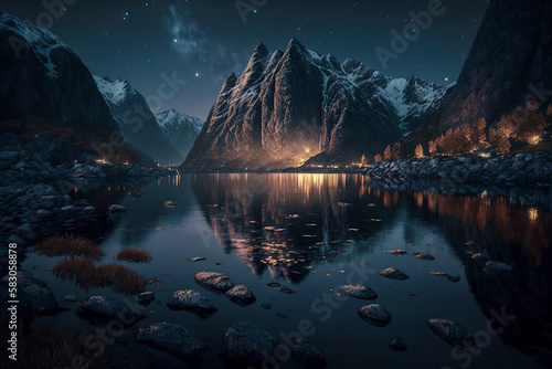 Nighttime Magic: Exploring the Enchanting Beauty of a Norwegian Fiord under the Starry Sky, ai generative