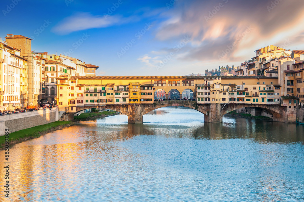 Ponte Vecchio over the Arno river at sunset, in Florence, Tuscany in Italy
