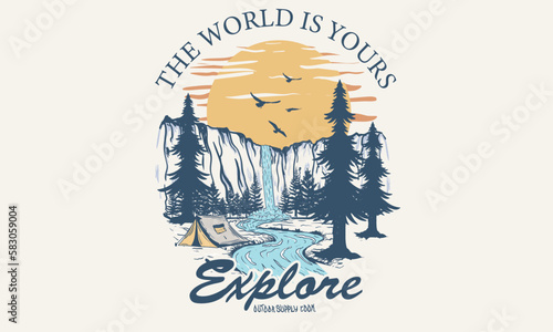 Adventure at the mountain graphic artwork for t shirt and others. Mountain with tree retro vintage print design.