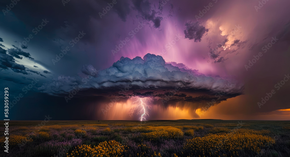 A dramatic lightning storm over a vast, rolling prairie landscape - Generative AI