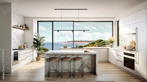 A modern kitchen that looks out to the sea
