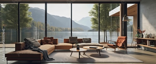 a modern living room interior with a lakeside and mountain view