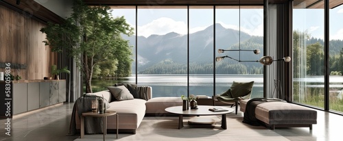 a modern open plan living room and kitchen interior with a lakeside and mountain view