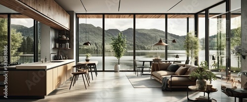 a modern open plan living room  dining and kitchen interior with a lakeside and mountain view