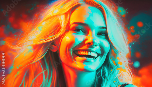 woman with makeup and hairstyle, A smiling girl, illustration, futurism, Generative AI