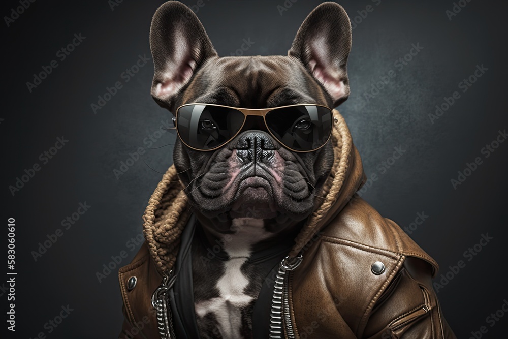 Portrait of a French Bulldog in a Leather Jacket and Sunglasses (Generative AI
