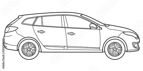 classic station wagon. Different five view shot - front  rear  side and 3d. Outline doodle vector illustration