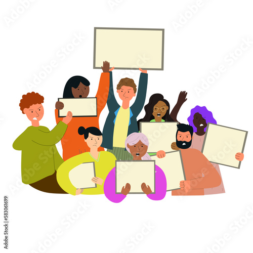 Stop Gun Violence concept. Group of people with placard with empty space. Protest rally demonstration strike to ban weapons and end shooting. Vector